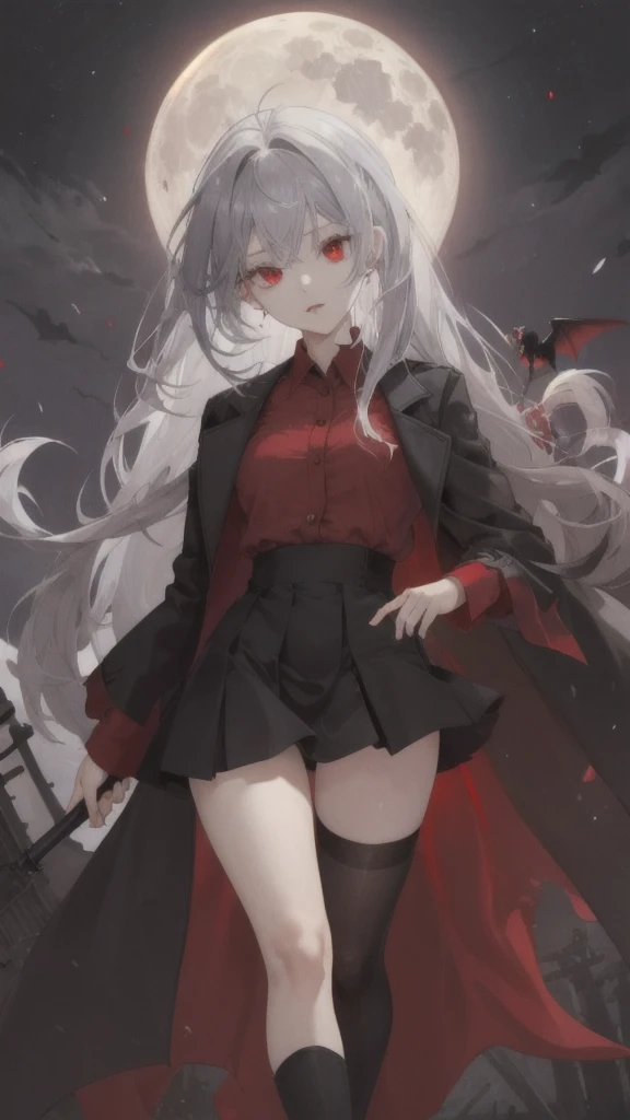 (Highest quality,Very detailed,High resolution:1.2),One Girl,Gray Hair,The most beautiful girl in human history,Sad look,暗い red eyes (暗いred eyes:1.1),暗い aura(aura:1.1),(mysterious,Ghostly:1.1) atmosphere,Looks like half a demon,(Demonic traits,Devilish Features),(Elaborate,Brilliant) ,Small Ass,Thin legs,Black Stockings,Knee-length skirt,Red Shirt,Black long coat,Put your coat over your head like the Grim Reaper,Dark night sky,Big full moon,Lots of flying bats
