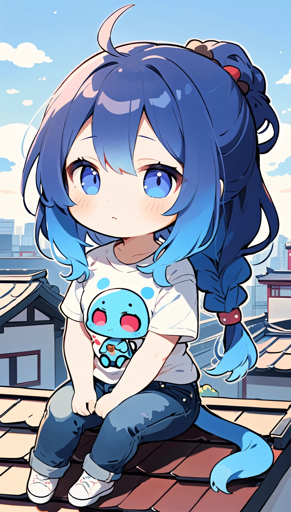 (alien woman),(Blue Skin),(Dreadlocks),(Cute tail),(((Pop T-shirt,jeans))),Living in Japan,Sitting on the roof and looking up at the sky,(Looks a bit sad),(Subtly sexy),(chibi),(Chibi Character)