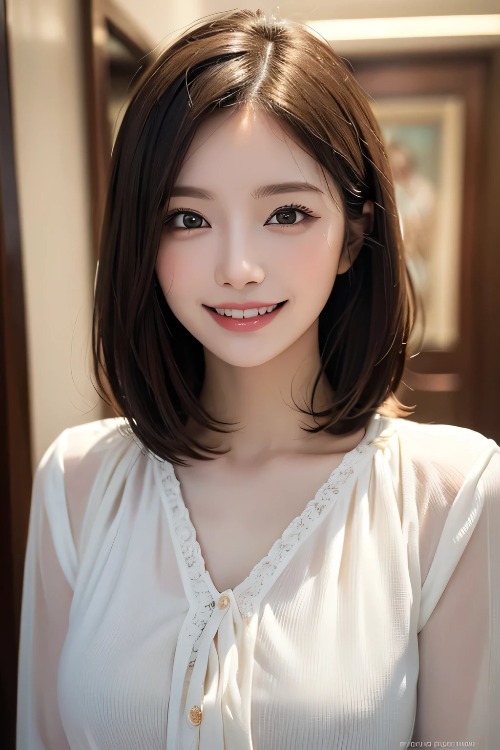 ((masterpiece)), ((Highest quality)), ((Complex)), ((Surreal)), (Realistic), (Mature Woman), ((No classes)), Very detailed, (1 female), Beautiful and exquisite, (Beautiful Teeth), Grin, Brunette bob hair, Brown eyes, ((blouse)), (Upper Body), (background:none), Perfect Eyes, Captivating eyes, Looking at the audience