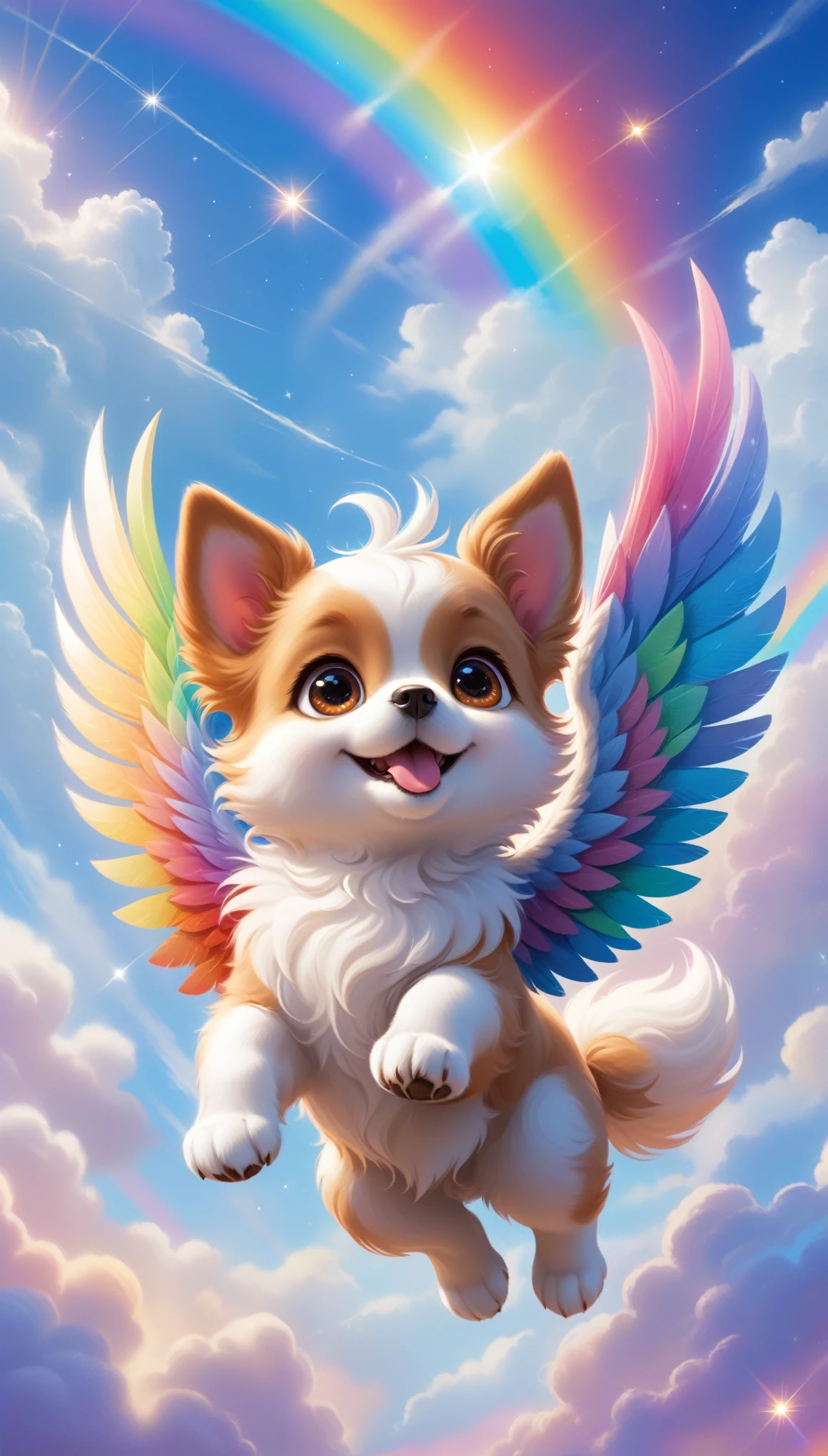 Masterpiece, Best Quality, Super Detailed, High Definition, HDR, Realistic, Depth, Fine Texture, Super Fine, Complete concentration. A flying puppy, cute and adorable, with big expressive eyes and a joyful expression. The puppy: fluffy fur, light brown and white colors, small wings on its back, ears flapping in the wind. Scene: a bright and colorful sky with fluffy clouds, a rainbow in the background, and sparkles around the puppy. Background: fantasy world, vibrant colors, vivid hues, and cheerful atmosphere. Lighting: soft, glowing light, lens flare, magical and whimsical feel. Details: detailed fur texture, intricate wing design, sparkling eyes, playful and happy pose. Atmosphere: enchanting, magical, and heartwarming.