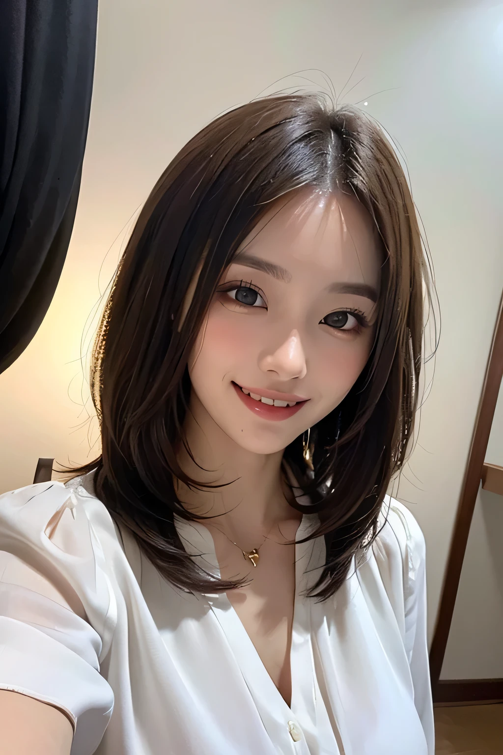 ((masterpiece)), ((Highest quality)), ((Complex)), ((Surreal)), (Realistic), (Mature Woman), ((No classes)), Very detailed, (1 female), Beautiful and exquisite, (Beautiful Teeth), Grin, Brunette bob hair, Brown eyes, ((blouse)), (Upper Body), (background:none), Perfect Eyes, Captivating eyes, Looking at the audience