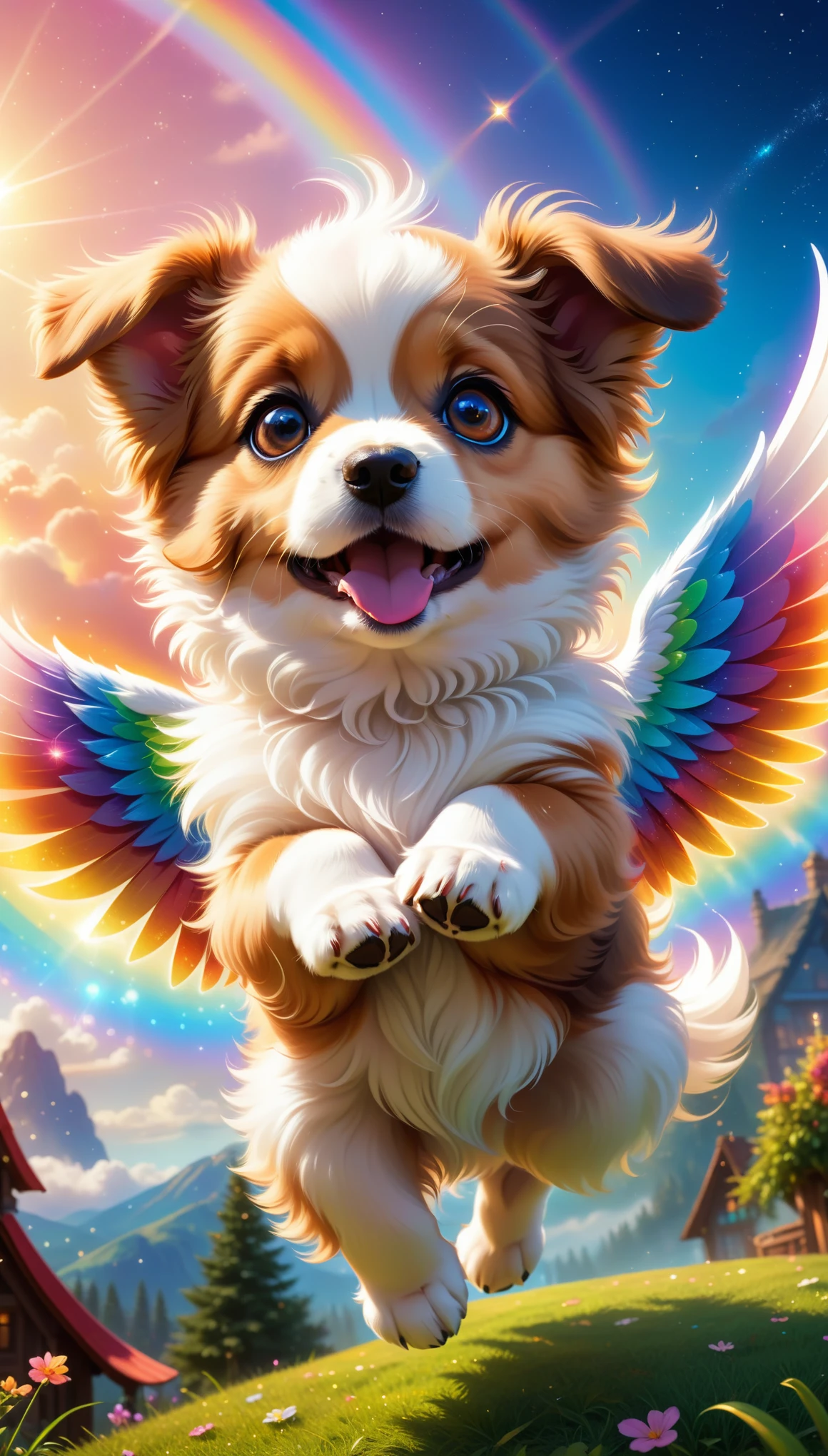 Masterpiece, Best Quality, Super Detailed, High Definition, HDR, Realistic, Depth, Fine Texture, Super Fine, Complete concentration. A flying puppy, cute and adorable, with big expressive eyes and a joyful expression. The puppy: fluffy fur, light brown and white colors, small wings on its back, ears flapping in the wind. Scene: a bright and colorful sky with fluffy clouds, a rainbow in the background, and sparkles around the puppy. Background: fantasy world, vibrant colors, vivid hues, and cheerful atmosphere. Lighting: soft, glowing light, lens flare, magical and whimsical feel. Details: detailed fur texture, intricate wing design, sparkling eyes, playful and happy pose. Atmosphere: enchanting, magical, and heartwarming.