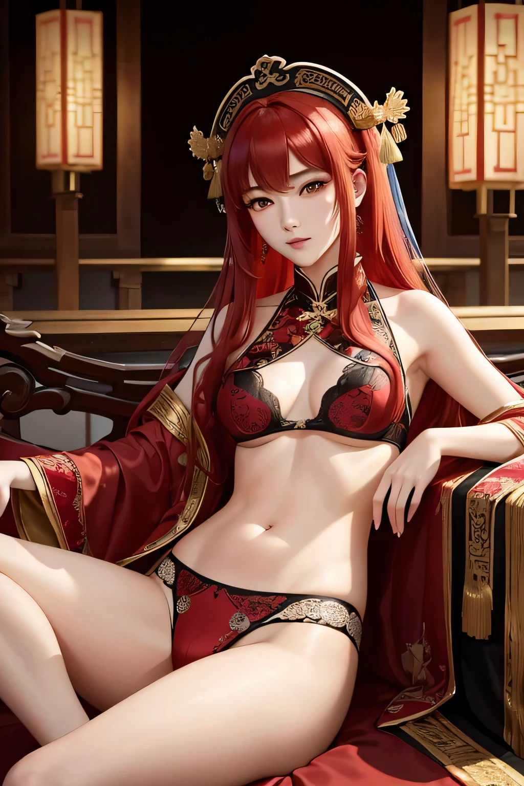 Create an image of Yang Guifei, the famous Chinese imperial consort, in an intimate and sensual setting. She should be depicted in elegant and luxurious traditional Chinese undergarments, featuring intricate silk designs with delicate lace and embroidery. Her long black hair flows gracefully, contrasting with the soft fabric of her attire. Yang Guifei is reclining on a sumptuous chaise lounge, surrounded by opulent elements such as silk drapes, ornate screens, and delicate flower arrangements. The background should evoke a sense of serene luxury, with soft, warm lighting that enhances her beauty and creates an intimate atmosphere.(((Red hair)))、(((In underwear)))、(((Leg spread)))