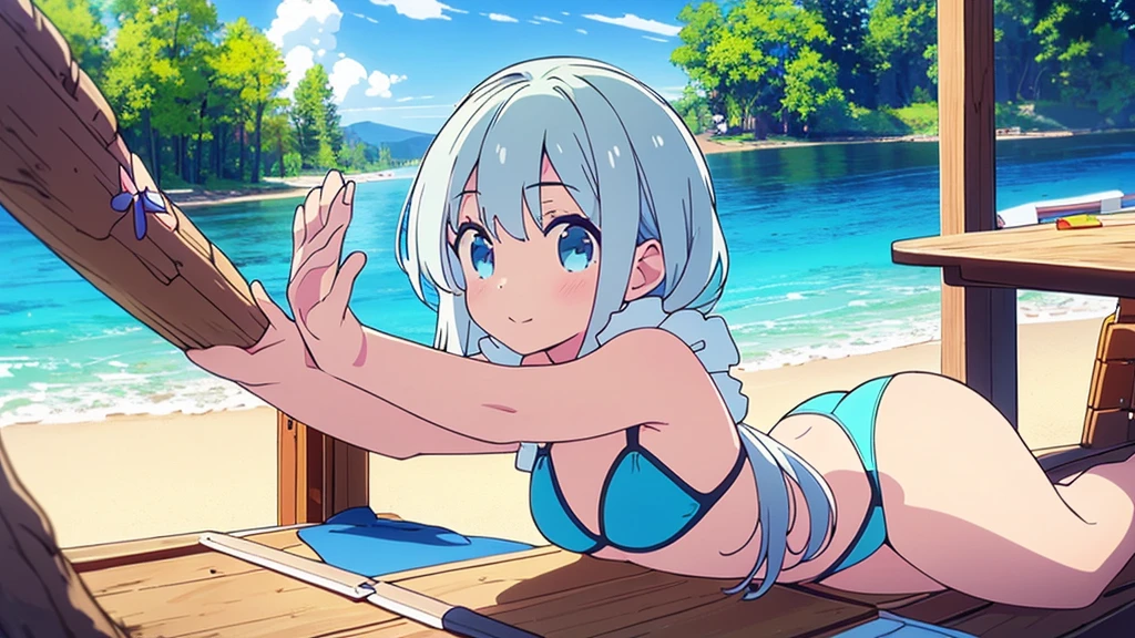 (masterpiece: 1.6, Best Quality), (fine beautiful eyes: 1.2), ph_rapid eye movement, remhd, 1 girl, For the blue, Alone, blue eyes, maid, Mar, Bay, light, tree, Ola, Raise your arms, Micro bikini, swimsuit