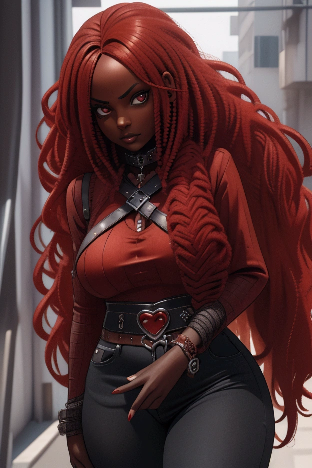 Top Quality, Dark Skin, Real Human Skin, (Detailed), Oval Face, Pore, Ultra High Definition, (8k, RAW Photography, Photorealistic: 1.4), there is a woman with red hair and a black top, with curly red hair, red afro, red wig, red waist-long hair, red haired goddess, very long wavy fiery red hair, sza, she has long redorange hair, gothic jeans, red belt with heart-shaped buckle