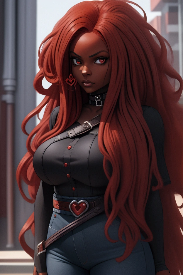 Top Quality, Dark Skin, Real Human Skin, (Detailed), Oval Face, Pore, Ultra High Definition, (8k, RAW Photography, Photorealistic: 1.4), there is a woman with red hair and a black top, with curly red hair, red afro, red wig, red waist-long hair, red haired goddess, very long wavy fiery red hair, sza, she has long redorange hair, gothic jeans, red belt with heart-shaped buckle