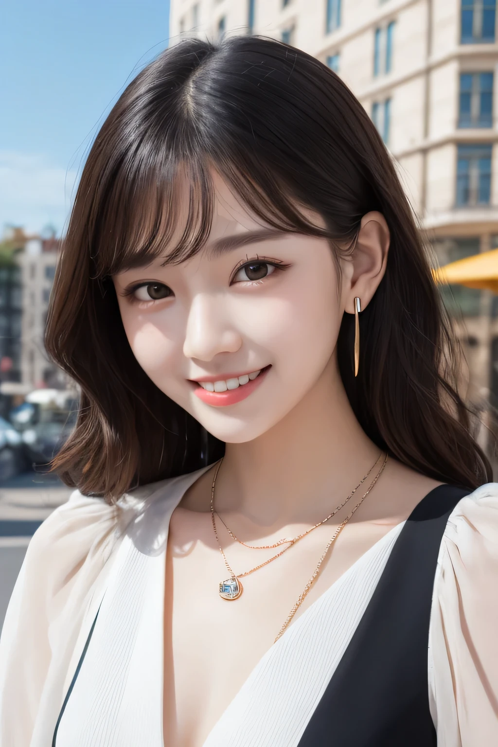 Highest quality, ,smile、Beautiful teeth alignment、Black Hair、Wavy Hair、Long sleeve blouse、ear piercing、necklace, , Face Focus、The background is the building's corridor.