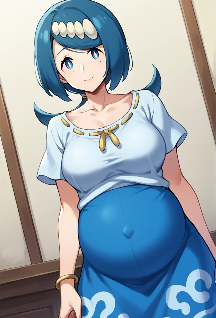 score_9, score_8_up, score_7_up, source_anime,
pokemonmotherlana, pokemonmotherlana, blue eyes, blue hair, freckles, hair ornament, long hair, swept bangs, bright pupils,
blouse, blue skirt, bracelet, collarbone, dress, jewelry, long skirt, shirt, short sleeves, skirt, white shirt,
indoors,
looking at viewer, cowboy shot, dutch angle,pregnant 