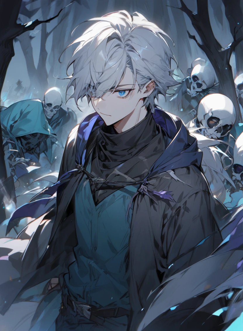 young man ,Male Dark, dark Woods, cold colors, man white hair with blue eye, Warlock dnd , Skeleton army in background, calm face expression