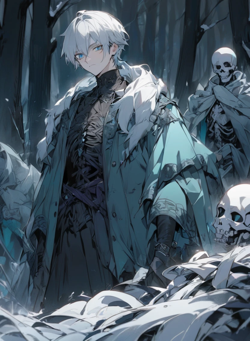 young man ,Male Dark, dark Woods, cold colors, man white hair with blue eye, Warlock dnd , Skeleton army in background, calm face expression