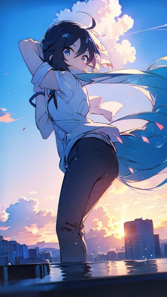 Buildings,sunset,Blue background,splash,Black haired girl ,Long Hair,The Giant Mount Fuji