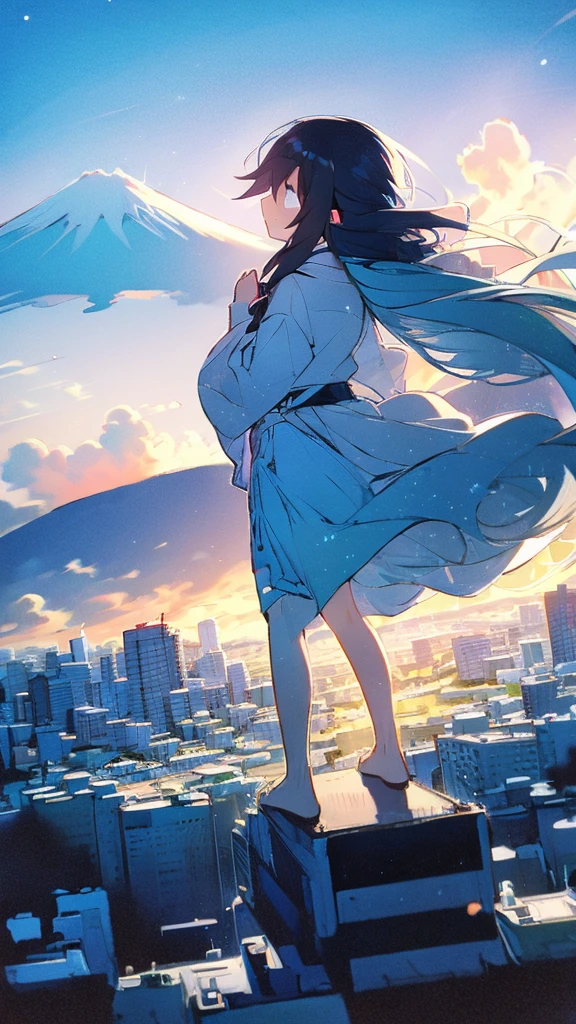 Buildings,sunset,Blue background,splash,Black haired girl ,Long Hair,The Giant Mount Fuji