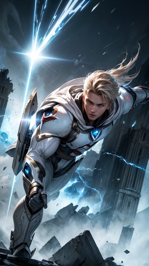 (masterpiece, Best image quality),One boy, A hero with a white base,snow-white suit, (Dynamic pose | Element Surround:1.2), Low angle view, Super detailed, Ruins of the battle, intense, shock wave, Outdoor, Battlefield Background,Guardian of the City,Guardian of the Skies,
