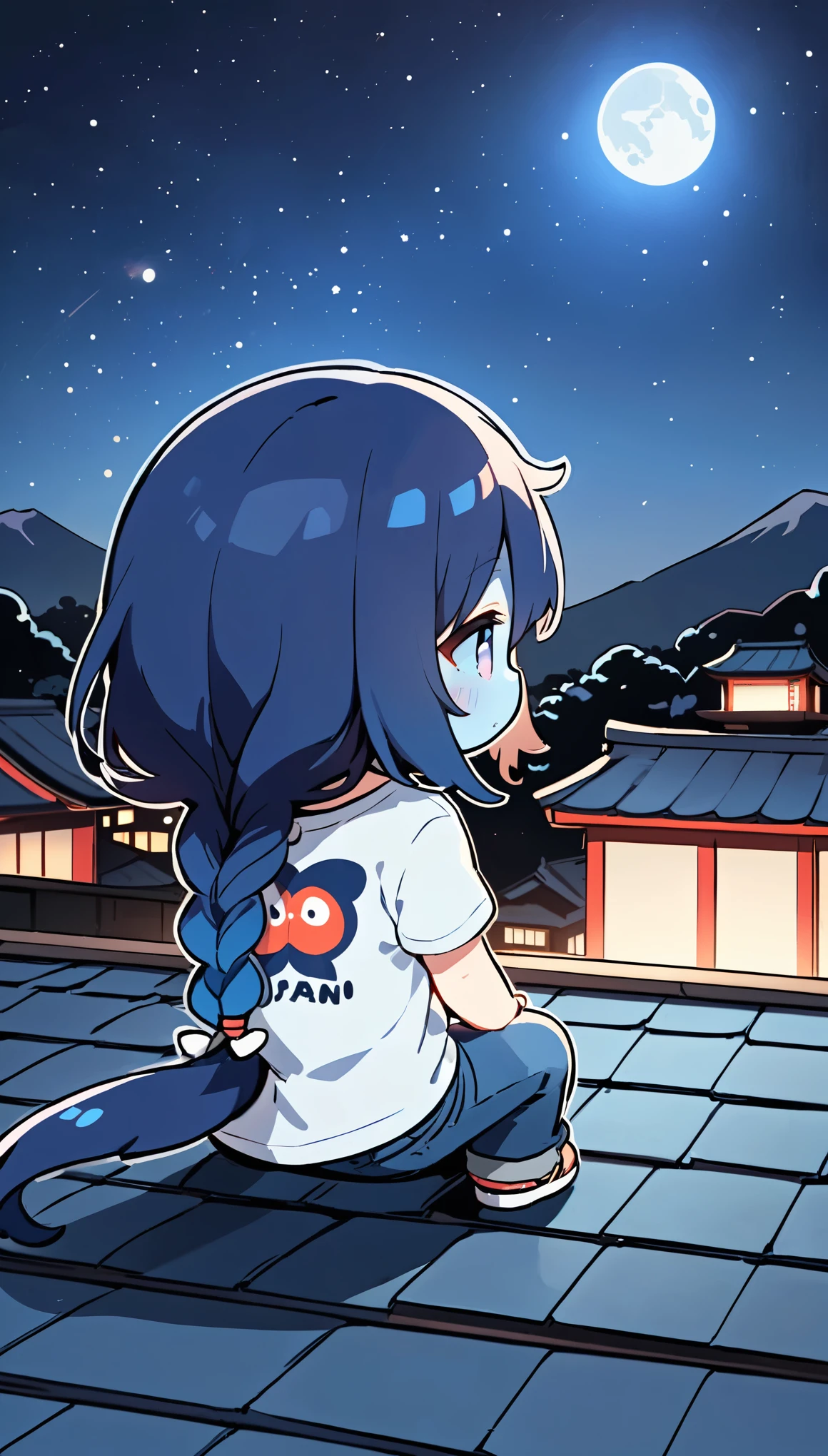 (alien woman),(Blue Skin),(Dreadlocks),(Cute tail),(((Pop T-shirt,jeans))),Living in Japan,Sitting on the roof and looking up at the night sky,Back view,(Sad back),(Subtly sexy),(chibi),(Chibi Character)