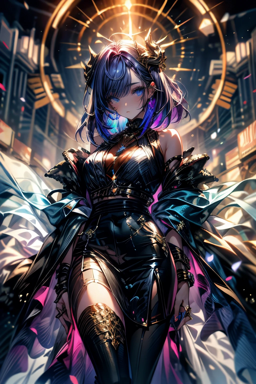 High resolution, masterpiece, Highest quality, One boy、Embarrassed、Purple Hair、Inner colorlight blue、Gradient color hairstyle, Diagonal bangs, Asymmetrical bangs, short hair、Asymmetrical Short、slacks、Wear warm clothes、Odd Eye、Attractive eyes、20-year-old、adult、headphone、music、magic、fallen Angel、Fantasy、moonlight、Moon God、vivid