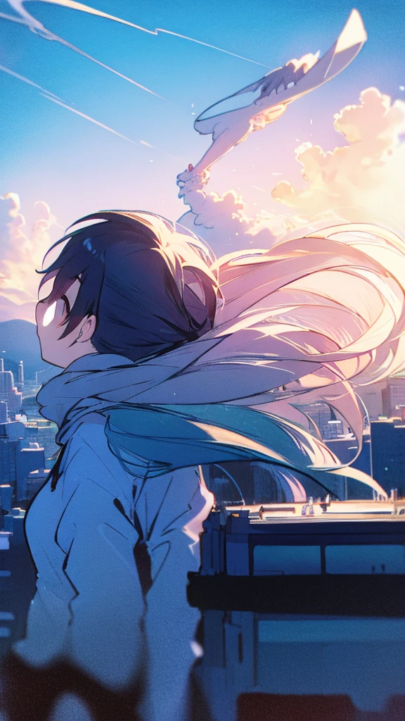 Buildings,sunset,Blue background,splash,Black haired girl ,Long Hair,The Giant Mount Fuji