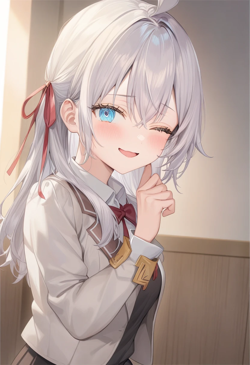 ultra-detailed, 8k, Beautiful Face, One girl, Alisa Mikhailovna Kujo,Tomorrow, my friend, Arya-san, will be visiting Russia.,alone, ((Anime style background)),masterpiece, Highest quality, (Brighten your face), so beautiful,Latest, Complex details, Long Hair, Eyebrows visible through hair, Hair between the eyes, Silver Hair, Hair Ribbon, blue eyes, Medium chest, ,Long sleeve, Jacket,
View your viewers, Upper Body, Dutch Angle,Mouth closed, Close one eye, A light smile,
Highest quality, so beautiful, Absurd,