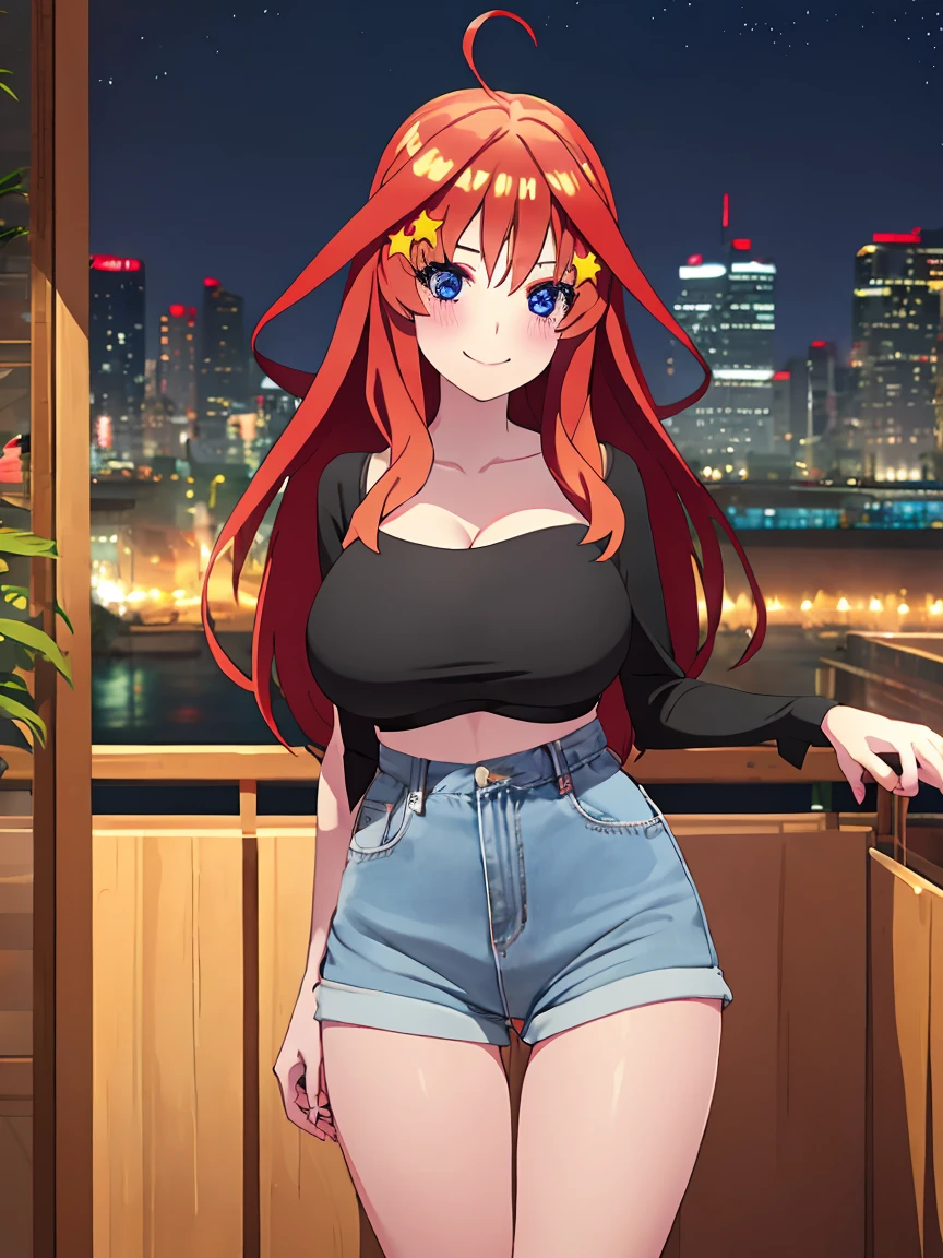 [itsuki nakano, bangs, blue eyes, hair between eyes, ahoge, red hair, star \(symbol\), hair ornament, star hair ornament,], 1girl, anime girl, anime, girl, 2d girl, y, (fullbody), seductive smile, blush, cleavage, Solo, Slim, Big breasts, large Breasts, sfw, cowboy shot, Tight Shorts, low waist shorts, upshorts, outdoors, night background, looking at viewer, darker shadows, (((shorts))), (((thigh gap))), (((lowleg shorts))),