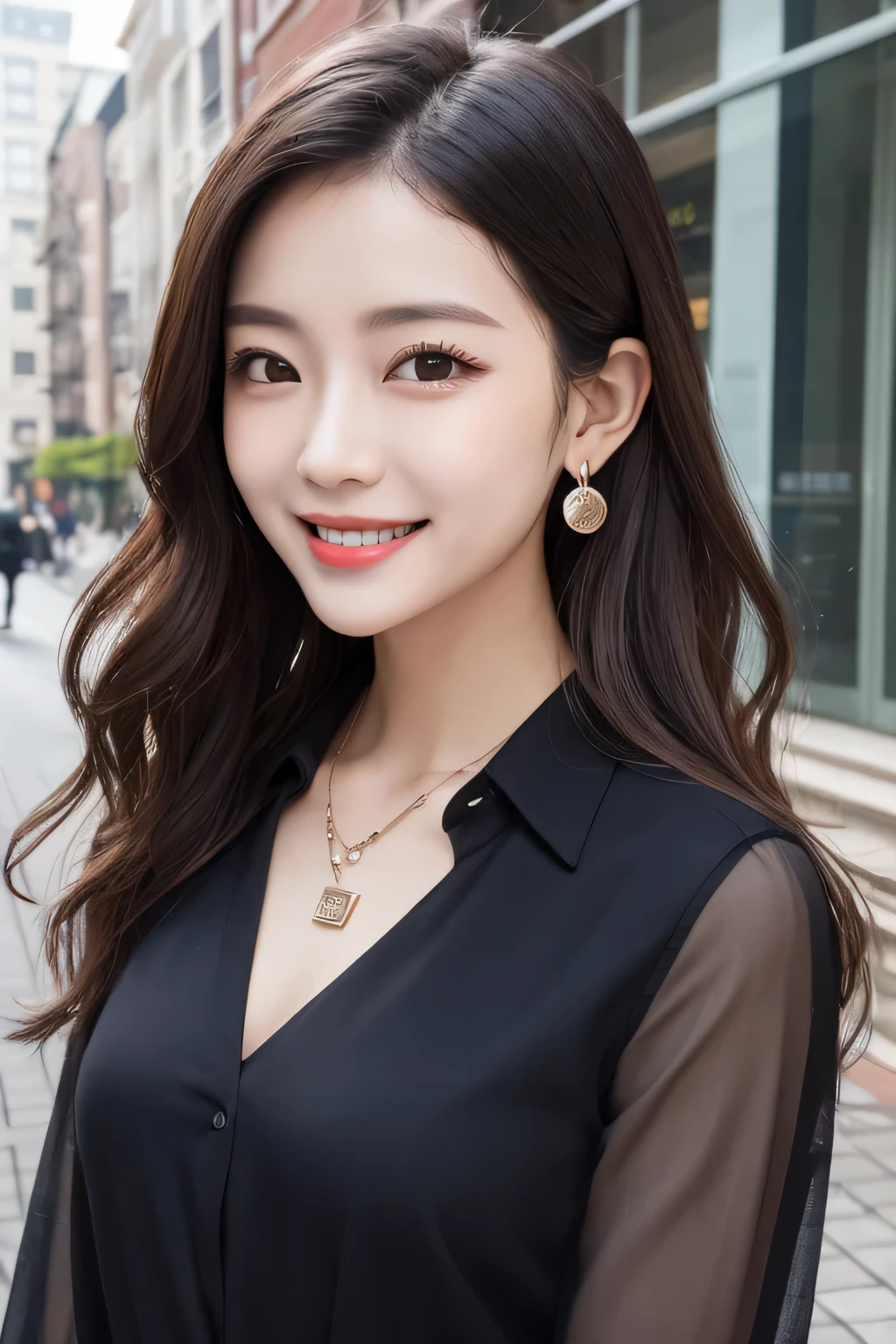 Highest quality, ,smile、Beautiful teeth alignment、Black Hair、Wavy Hair、Long sleeve blouse、ear piercing、necklace, , Face Focus、The background is the building's corridor.