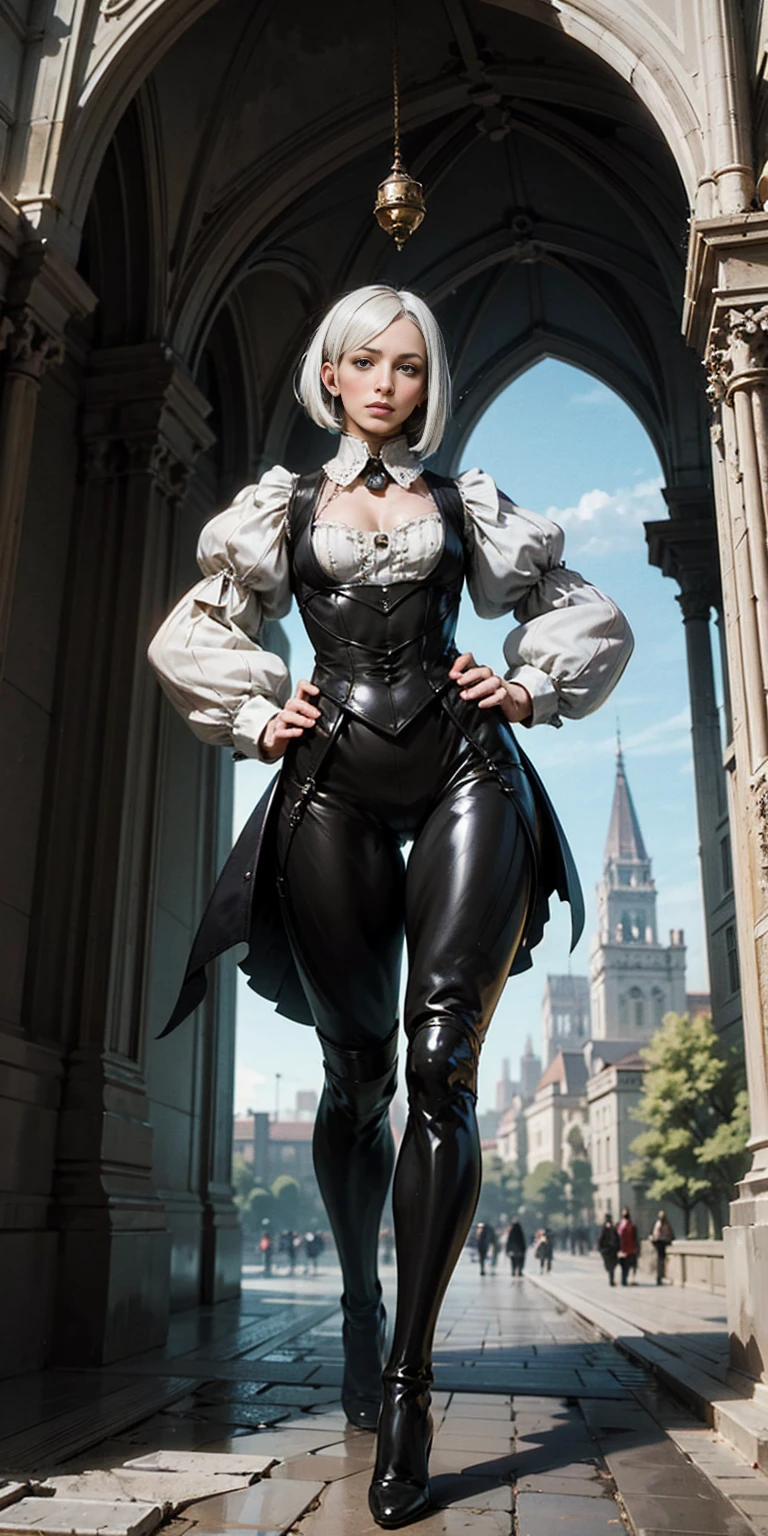 White hair, short bob hair, pinched eyes, thin legs, thin body, leather collar, maid outfit victorian, full body standing symmetrical, hands on hips, wide hips, view from below