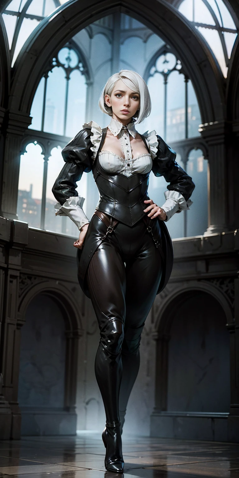 White hair, short bob hair, pinched eyes, thin legs, thin body, leather collar, maid outfit victorian, full body standing symmetrical, hands on hips, wide hips, view from below