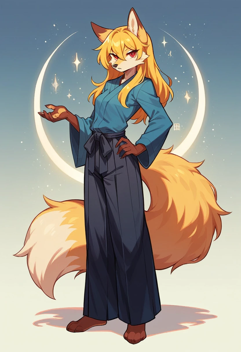 (full body,,The left hand is on the hip),((The right hand is out in front,)),small breasts,Adult female fox, Furry, Golden fur, Golden facial fur, long golden hair, The hair on his hands is golden, Golden yellow hair on the back of the hand, Light-filled eyes, Red eyes, Brown elements of fur,A plain dark blue outfit,Black Hakama,Very fine fur, Fluffy tail,