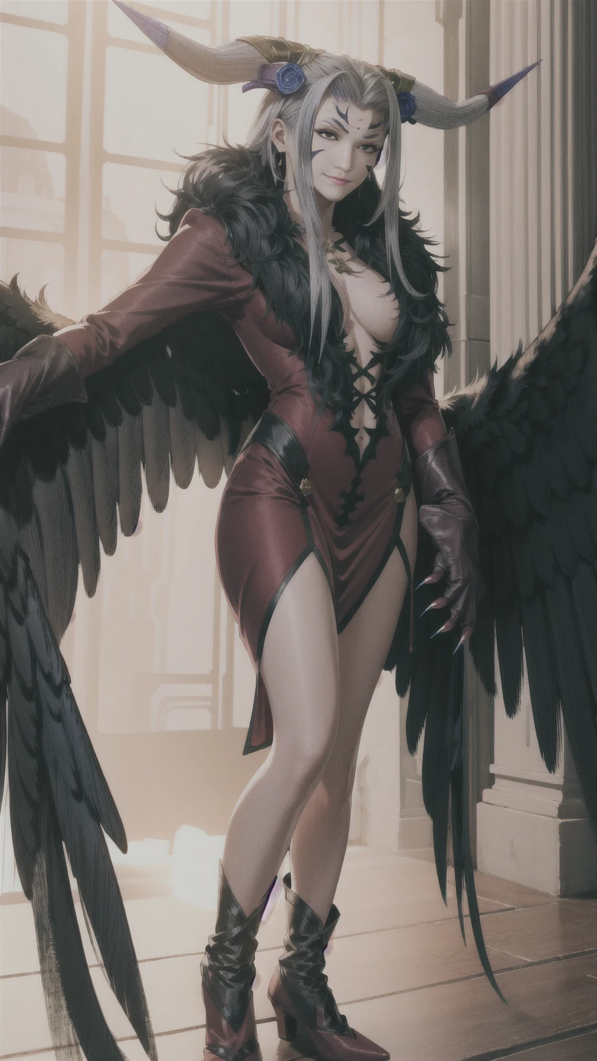 masterpiece, realistic, hyperrealistic, best quality, ultimecia, horns, red dress, plunging neckline, feather trim, black wings, facial marks, claws, full body, smirk 