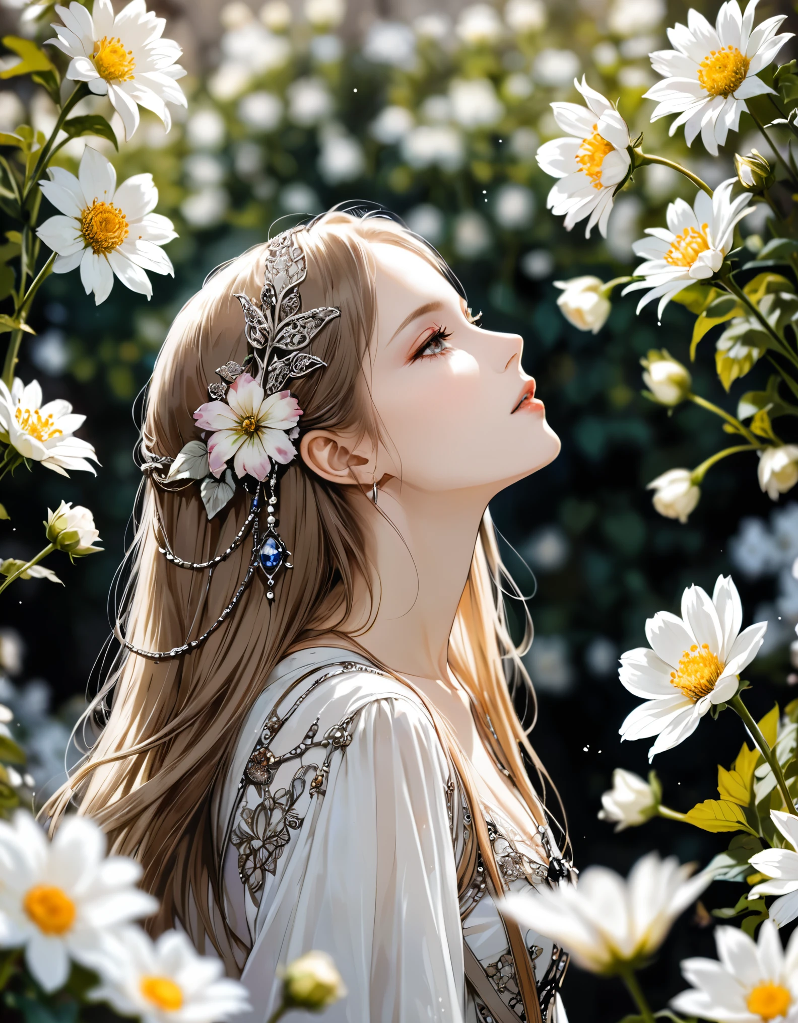 (in style of Harry Clarke:0.5),(in style of Santiago Caruso:0.7),
1girl,Long hair，Beat Clothing，Delicate girl&#39;s facial makeup，
BREAK
flower background,(flower foreground:1.6),( background blurred:1.7),from_Side,figure-centered composition,look up,(photo:1.4),(authentic:1.5),mid_shot,looking at viewer,(blurry foreground:1.8),