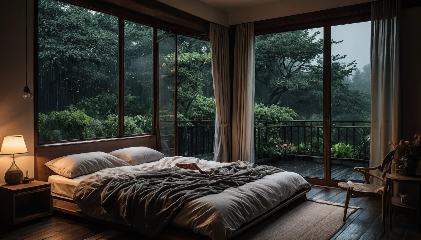 The picture shows a cozy gloomy bedroom, with a large window offering a view of a beautiful, dimly lit garden AND a garden soaked in FLOWERS, the cobblestones of the Japanese house concept. CINEMATIC, JAPANESE HOUSE, the shape of a Japanese house, and lots of flower gardens in the garden. The bed was unmade with rumpled sheets, indicating only a light sleep. the room is dark, gloomy, looks dim, gloomy. Beside the bed there is a small table with a classic lamp that radiates warm light into the room. Outside the window you can see the lush greenery of the terrace or balcony area, the rain is falling, the lamp on the left provides warm lighting, creating a calm and peaceful atmosphere. with fog obscuring part of the view in the distance. The contrast between the warmth indoors and the rain outdoors creates an inviting and calming atmosphere