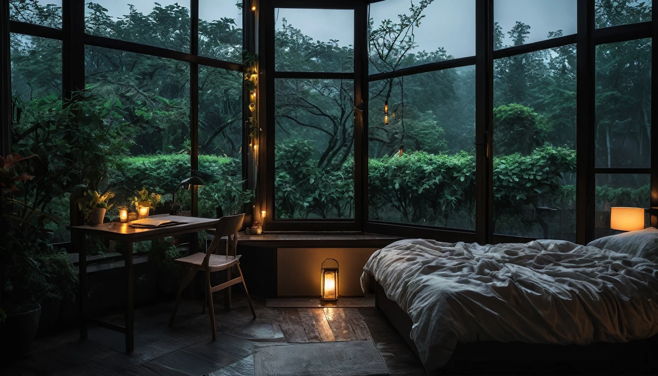 The picture shows a cozy gloomy bedroom, with a large window offering a view of a beautiful, dimly lit garden AND a garden soaked in FLOWERS, the cobblestones of the Japanese house concept. CINEMATIC, JAPANESE HOUSE, the shape of a Japanese house, and lots of flower gardens in the garden. The bed was unmade with rumpled sheets, indicating only a light sleep. the room is dark, gloomy, looks dim, gloomy. Beside the bed there is a small table with a classic lamp that radiates warm light into the room. Outside the window you can see the lush greenery of the terrace or balcony area, the rain is falling, the lamp on the left provides warm lighting, creating a calm and peaceful atmosphere. with fog obscuring part of the view in the distance. The contrast between the warmth indoors and the rain outdoors creates an inviting and calming atmosphere