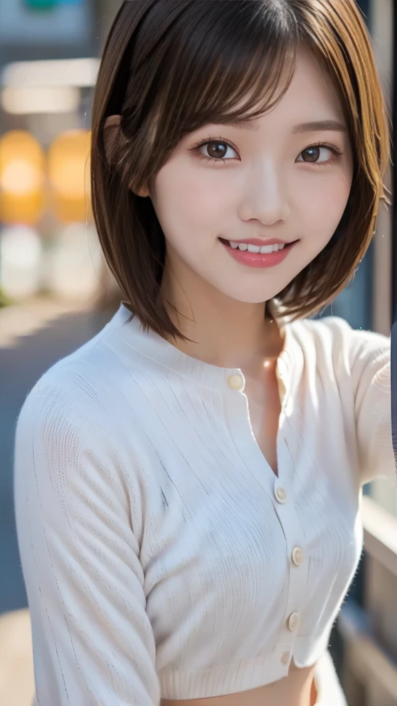 One girl, with collar white button shirts, short hair, 20-year-old Japanese, beautiful, cute face, pretty face, neat, smiling, 8-head body, height 165cm, weight 48kg, bust 83cm, waist 60cm, hips 82cm, Living in Hiroshima City, A college student aspiring to become a model, (((Selfie))), (((portrait))), (from above), can't see the head