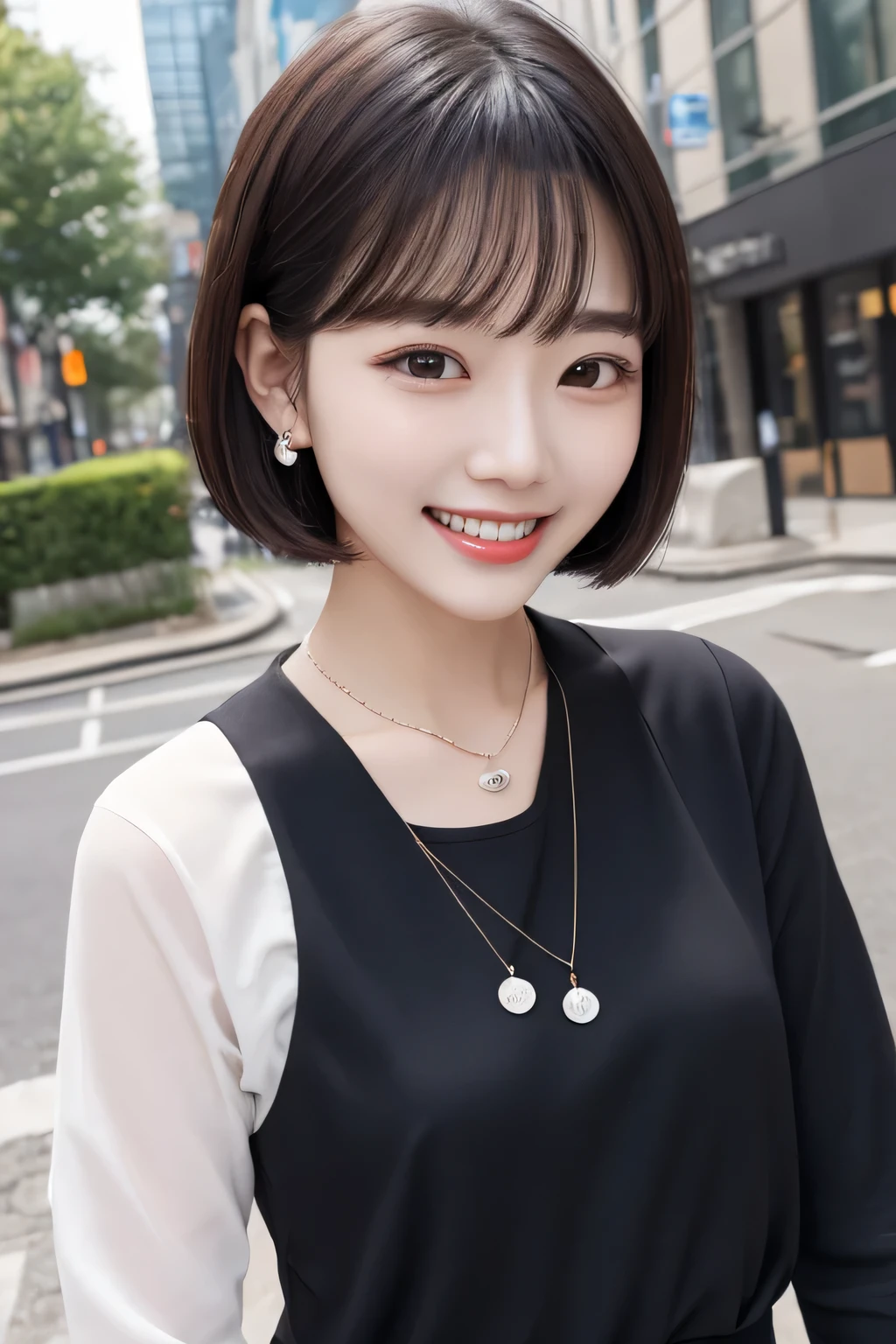 Highest quality, ,smile、Beautiful teeth alignment、Black Hair、Short Haircut、Long sleeve blouse、ear piercing、necklace, , Face Focus、The background is the building's corridor.