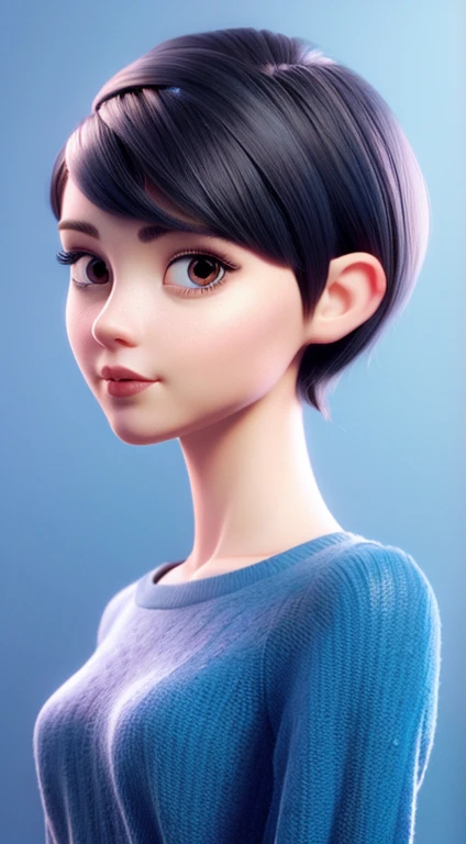 Close-up focus on 1 slim model, wearing a blue blouse, black hair with pixie cut, high qualiy, work of art, best qualityer, extremely detaild .