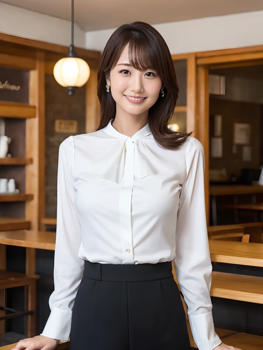 Tabletop, 最high quality, Realistic, In detail, High resolution,Beautiful Japanese Woman,Beautiful attention to detail, Beautiful lip detail, Very detailed顔, Small Head, Small areola, Cinema Lighting, Realistic, 8k, high quality, Very detailed, look at me,smile,(White blouse、Black Pants ),Long Hair,(Coffee shop),(Big Breasts:0.7),(Inoue Kiyokana),whole body, (Breast bulge:0.7),thin,(front図,throw)、whole bodyの姿(Are standing)、front(fortune teller)