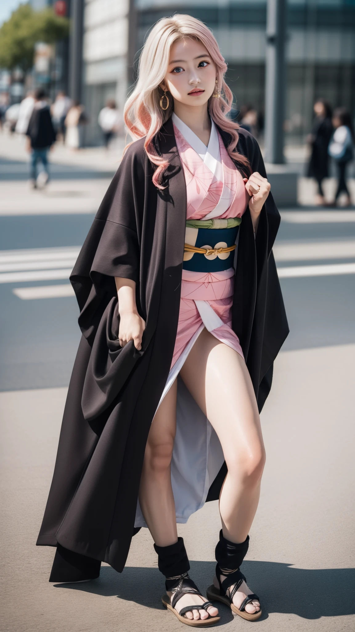 Cute Japanese woman, (16 years old), (very cute face), white moisturized skin, looking at the camera, melancholy expression,
BREAK,
Idol,
BREAK,
(wearing cute kimono: 1.3), (highly revealing kimono), very large earrings, short length,
BREAK,
(fighting pose: 1.3),
BREAK,
(long hair), (pink hair: 1.2), (wavy hair), (gradient hair: 1.3), (red hair at the ends),
BREAK,
(realistic: 1.3), masterpiece, perfect lighting, (ultra-high resolution), (8K), (highly detailed: 1.4), (from the front), (full body: 1.4), (symmetrical: 1.2), (one shot),
BREAK,
(Shibuya city in Japan: 1.2),
BREAK,
(Demon Slayer: 1.4),
BREAK,
(Imada Mio: 1.4),