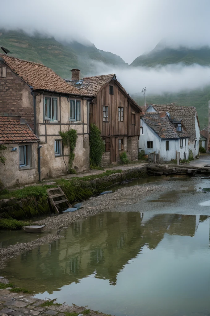 digital painting, peaceful seaside village during the day, eerie and unsettling atmosphere, quaint cottages, narrow cobblestone streets, gently crashing waves, overcast sky, misty air, abandoned fishing boats, quiet shoreline, muted colors, sparse vegetation, strange shadows, surreal elements, mysterious figures in the distance, haunting beauty, slightly distorted reality, soft pastel colors, perfect lighting, (masterpiece: 2), best quality, ultra highres, original, extremely detailed, perfect lighting