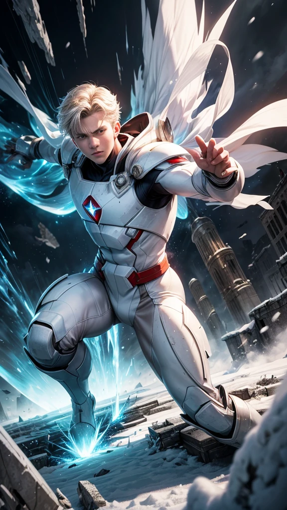 (masterpiece, Best image quality),One boy, A hero with a white base,snow-white suit, (Dynamic pose | Element Surround:1.2), Low angle view, Super detailed, Ruins of the battle, intense, shock wave, Outdoor, Battlefield Background,Guardian of the City,Guardian of the Skies,