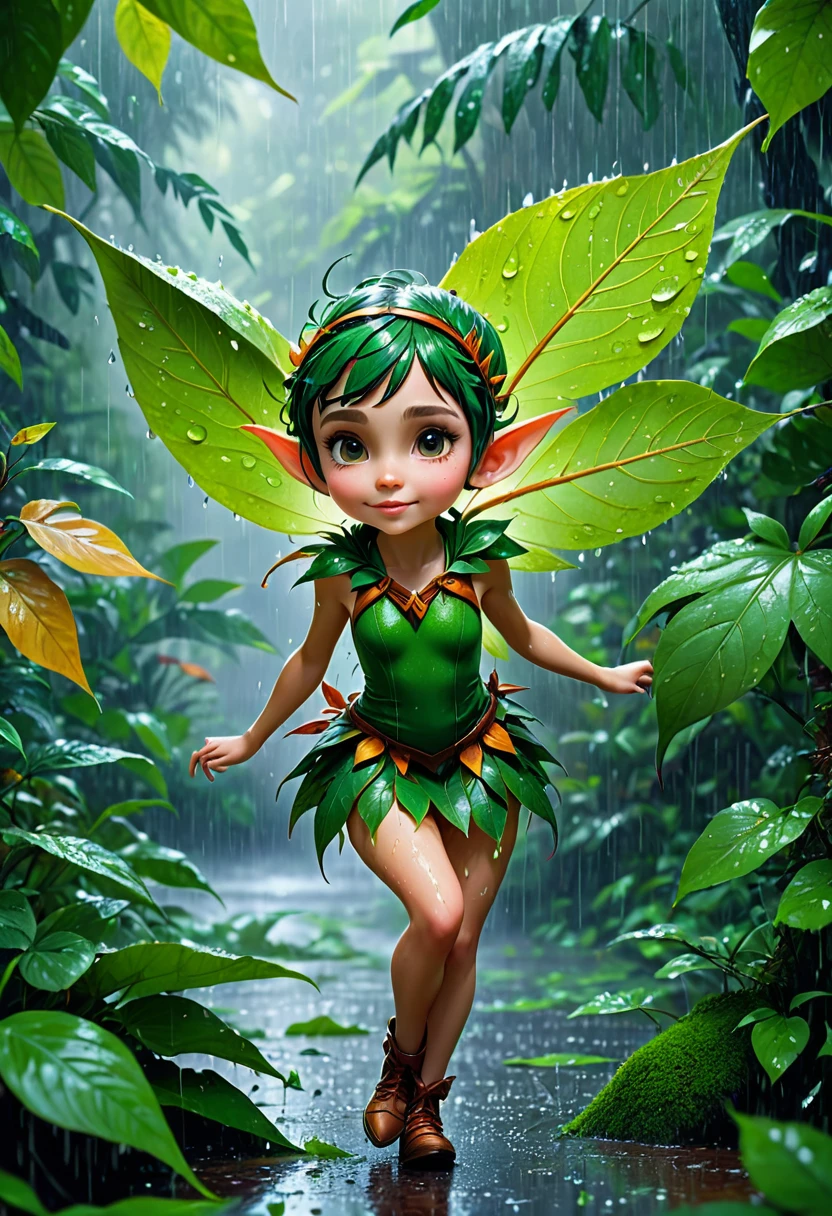 a pixie girl on a leaf in the rain the forest and the world of adventure, photo realism, 8k resolution,