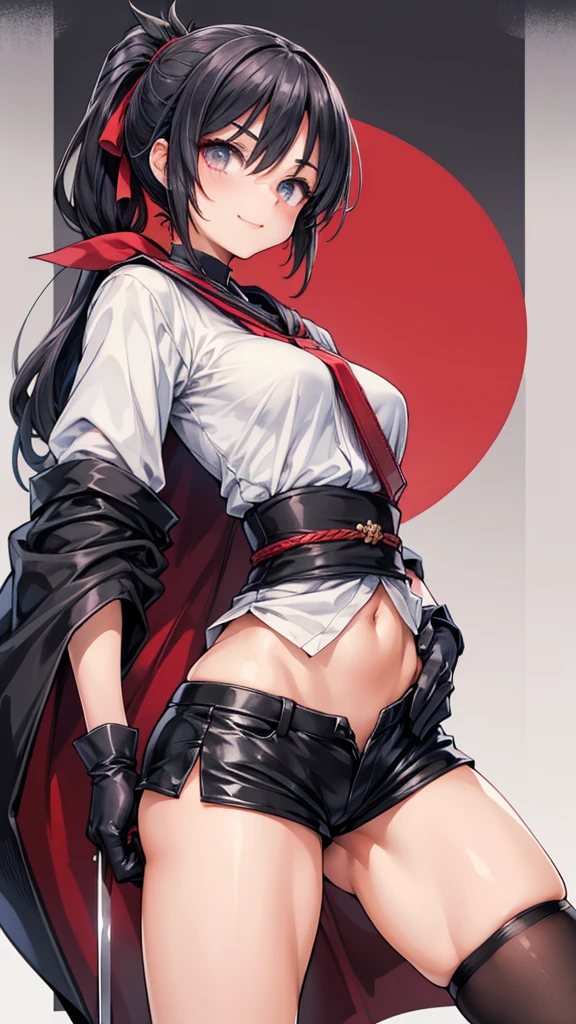 Adult features Short Ponytail Long, narrow eyes smile Glare frivolous attitude Japanese clothing White shirt Black hot pants Black long gloves Black knee socks Put your hands on your hips Japan Hold the sword at your waist Cape mechanized japanese castle