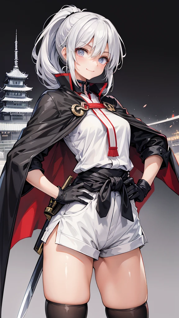 Adult features　Short Ponytail　Long, narrow eyes　smile　Glare　frivolous attitude　Japanese clothing　White shirt　Black hot pants　Black long gloves　Black knee socks　Put your hands on your hips　Japan Hold the sword at your waist　Cape　mechanized japanese castle