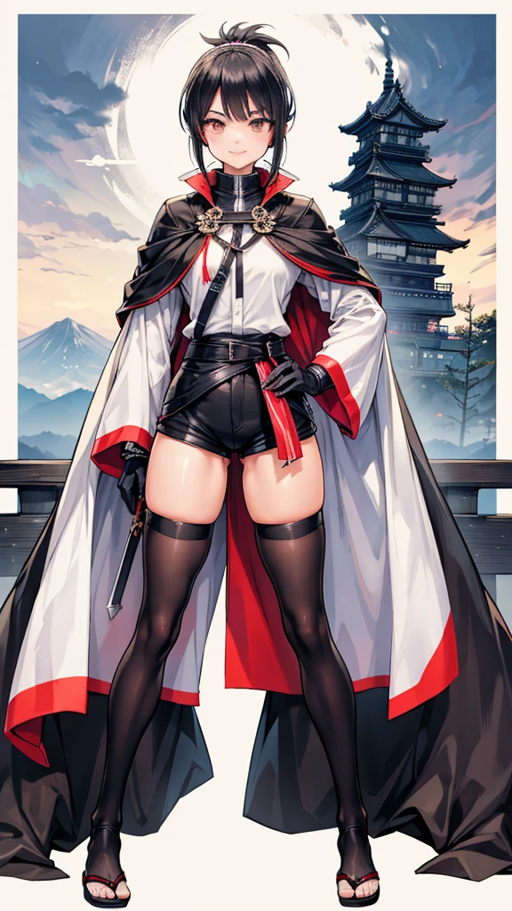 Adult features　Short Ponytail　Long, narrow eyes　smile　Glare　frivolous attitude　Japanese clothing　White shirt　Black hot pants　Black long gloves　Black knee socks　Put your hands on your hips　Japan Hold the sword at your waist　Cape　mechanized japanese castle