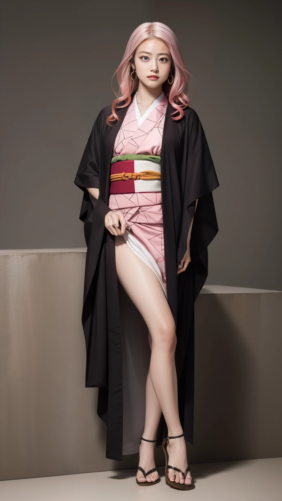 Cute Japanese woman, (16 years old), (very cute face), white moisturized skin, looking at the camera, melancholy expression,
BREAK,
Idol,
BREAK,
(wearing cute kimono: 1.3), (highly revealing kimono), very large earrings, short length,
BREAK,
(fighting pose: 1.3),
BREAK,
(long hair), (pink hair: 1.2), (wavy hair), (gradient hair: 1.3), (red hair at the ends),
BREAK,
(realistic: 1.3), masterpiece, perfect lighting, (ultra-high resolution), (8K), (highly detailed: 1.4), (from the front), (full body: 1.4), (symmetrical: 1.2), (one shot),
BREAK,
(Shibuya city in Japan: 1.2),
BREAK,
(Demon Slayer: 1.4),
BREAK,
(Imada Mio: 1.4),