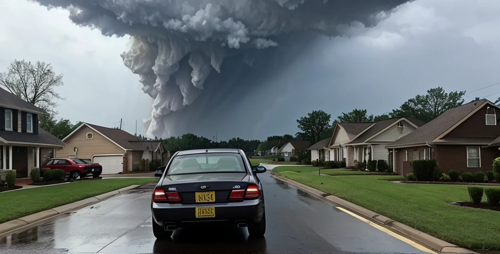 Car behing chased by tornado in suburban neighborhood 