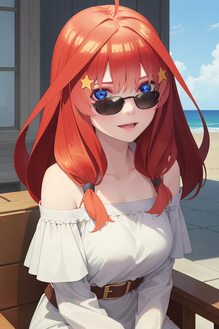 [itsuki nakano, bangs, blue eyes, hair between eyes, ahoge, red hair, star \(symbol\), hair ornament, star hair ornament,], 1girl, anime girl, anime, girl, 2d girl, 16y,
BREAK (((a off-shoulder dress and the garterbelt, intricate silk garterbelt))), 
BREAK fishnet, big breasts, sitting, beach, beach chair, looking at you, sunglasses, smile, holding beverage,
BREAK (art: 1.2), best quality, high resolution, 8k unitary, (illustration: 0.8), (beautiful detailed eyes: 1.6), extremely detailed face, perfect lighting, extremely detailed in CG, (perfect hands, perfect anatomy),
