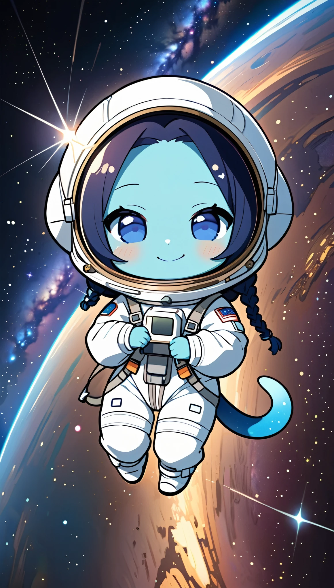 (alien woman),(Spacewalk,Milky Way,milky way),(Blue Skin),(Dreadlocks),(Cute tail),White space suit,(Cute Smile),(Subtly sexy),(chibi),(Chibi Character)