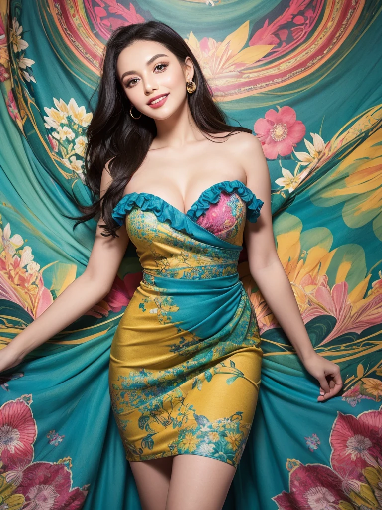 A vintage beauty stands out against a kaleidoscope of colors, her confident pose commanding attention. The stunning woman wears a bold 1990s-style dress with floral patterns and ruffles, curves accentuated by flowing fabric. Swirling shapes and hues in the vibrant background draw the eye to her radiant smile and bright, inquisitive gaze.