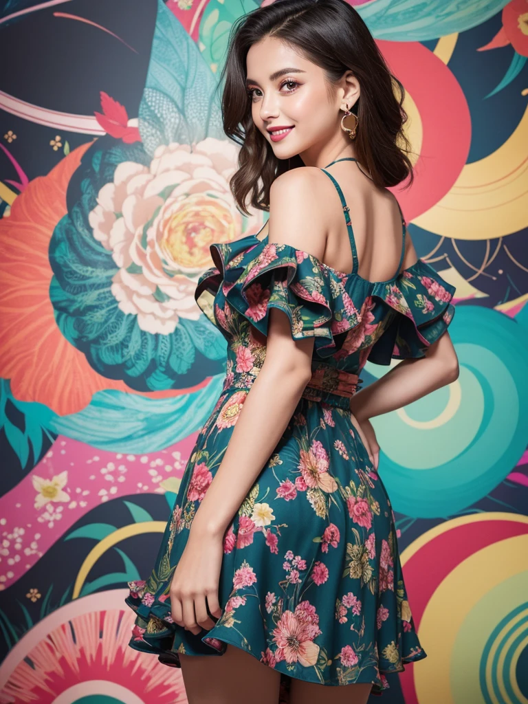 A vintage beauty stands out against a kaleidoscope of colors, her confident pose commanding attention. The stunning woman wears a bold 1990s-style dress with floral patterns and ruffles, curves accentuated by flowing fabric. Swirling shapes and hues in the vibrant background draw the eye to her radiant smile and bright, inquisitive gaze.