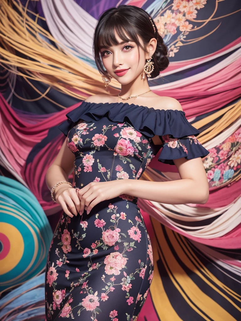 A vintage beauty stands out against a kaleidoscope of colors, her confident pose commanding attention. The stunning woman wears a bold 1990s-style dress with floral patterns and ruffles, curves accentuated by flowing fabric. Swirling shapes and hues in the vibrant background draw the eye to her radiant smile and bright, inquisitive gaze.