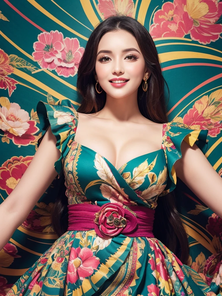 A vintage beauty stands out against a kaleidoscope of colors, her confident pose commanding attention. The stunning woman wears a bold 1990s-style dress with floral patterns and ruffles, curves accentuated by flowing fabric. Swirling shapes and hues in the vibrant background draw the eye to her radiant smile and bright, inquisitive gaze.