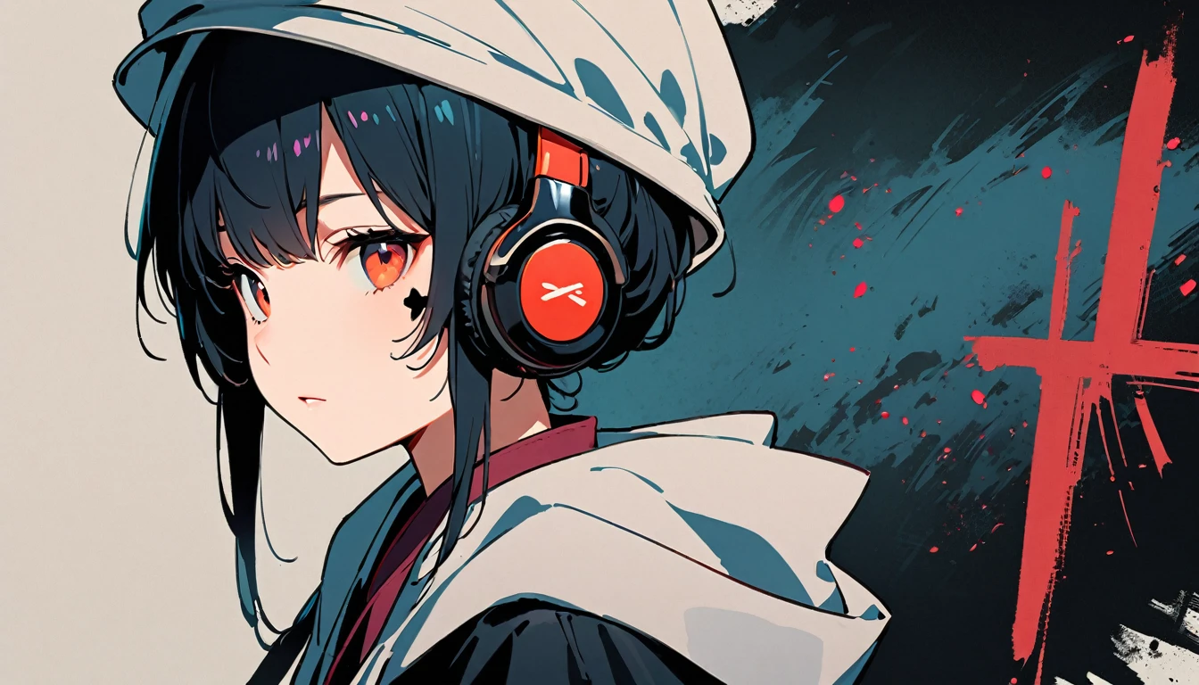 (((Ink Painting))), Fashion portrait color photos, (((1 girl))), (((Tattoo on face))), (((Small devil))), Japanese style headphones, face close-up, Japan人の美少女, Black Hair, Japan, Japanese flag